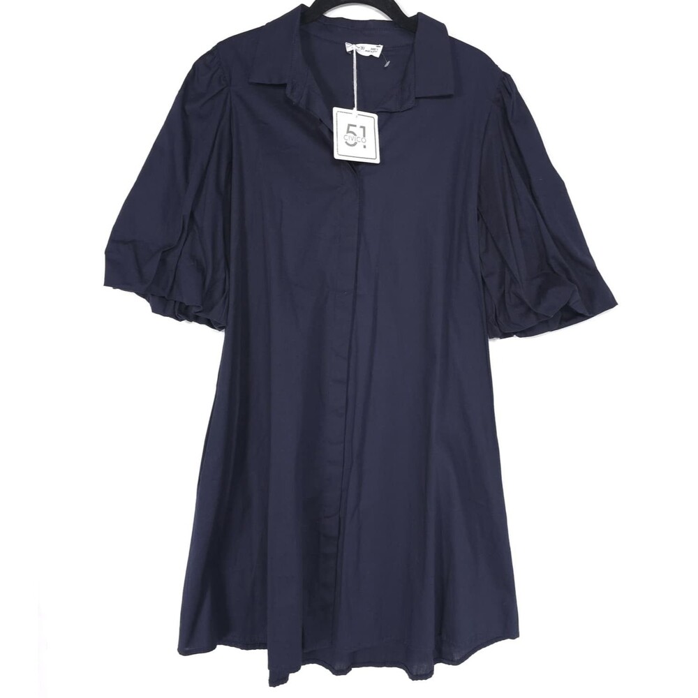 CIVICO 51 Women’s New Shirt Dress Puff Sleeve LARGE Navy ITALY MADE Cotton